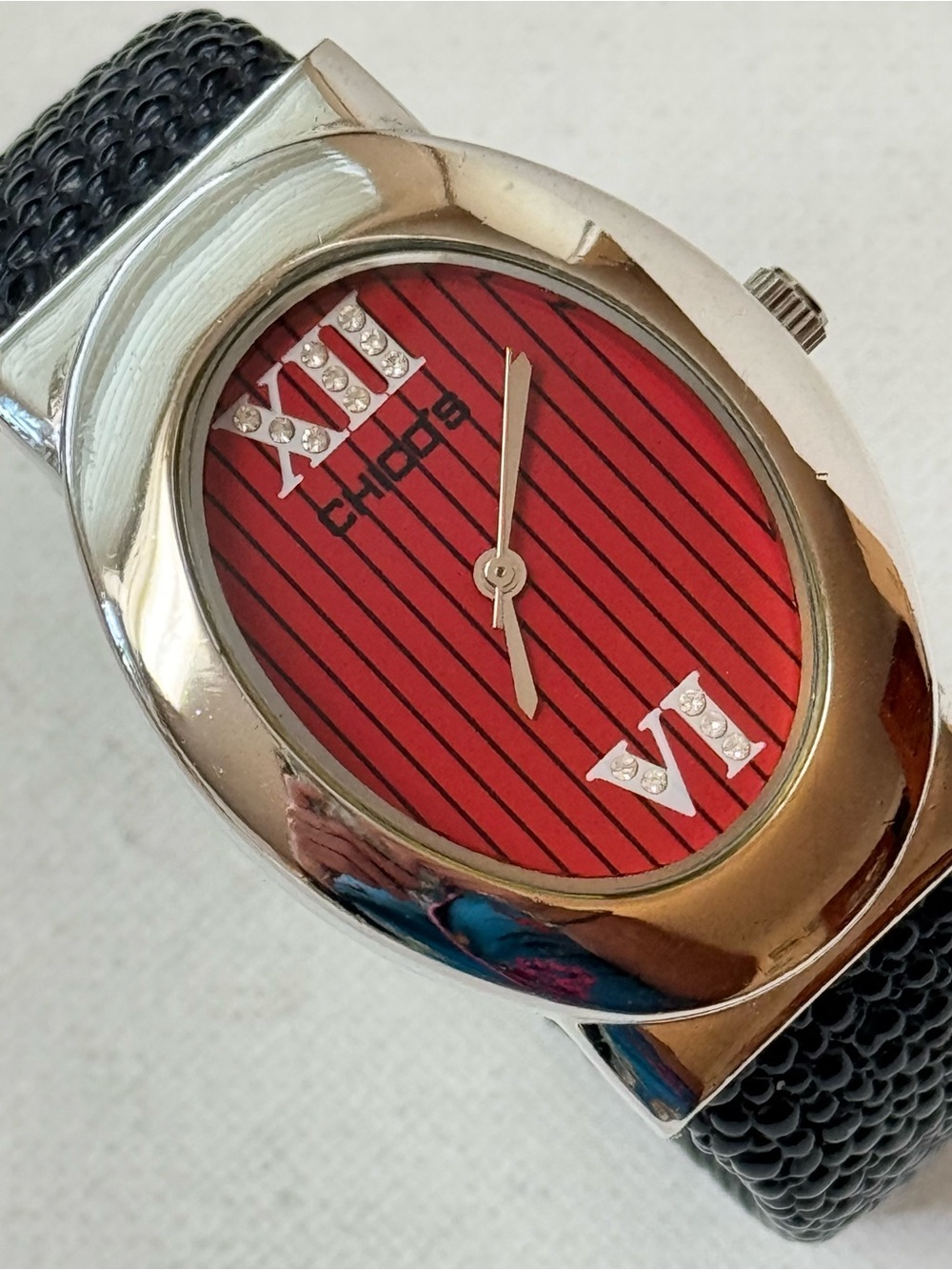 Vintage Chico's Red Dial Women's 6.25" Silver Cuff Bangle Watch Black Leather